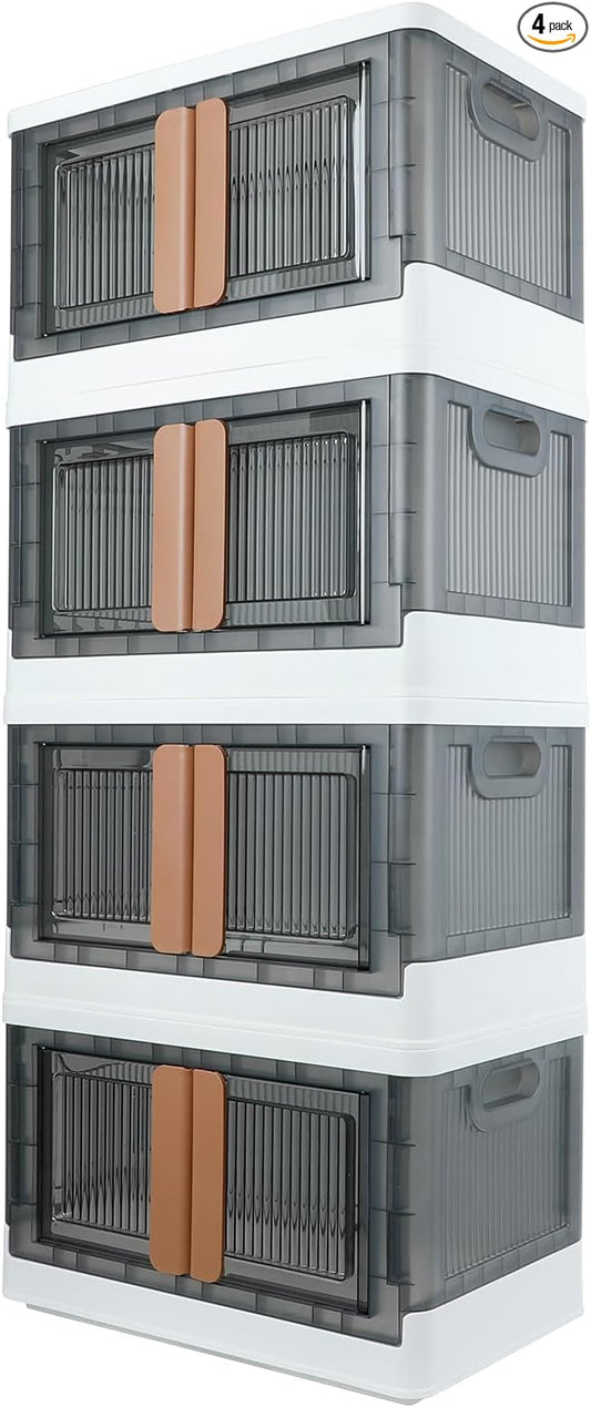 Storage Bins, Cabinet with Lids, 8.4 Gallon Capacity (Per One), 4 Pack, Stackable, With Door And Buckle, Collapsible, Transparent, For Toys, Cloth, Books