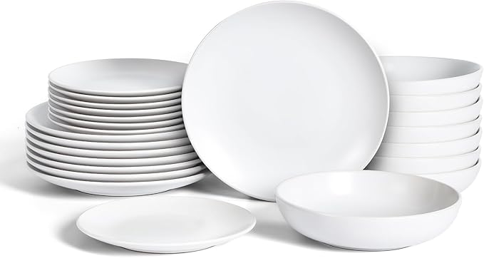 Earth & Clay Mia 24-Piece Stoneware Dinnerware Set, Plates and Bowls Set, Dishwasher and Microwave Safe, Dish Set for 8, White