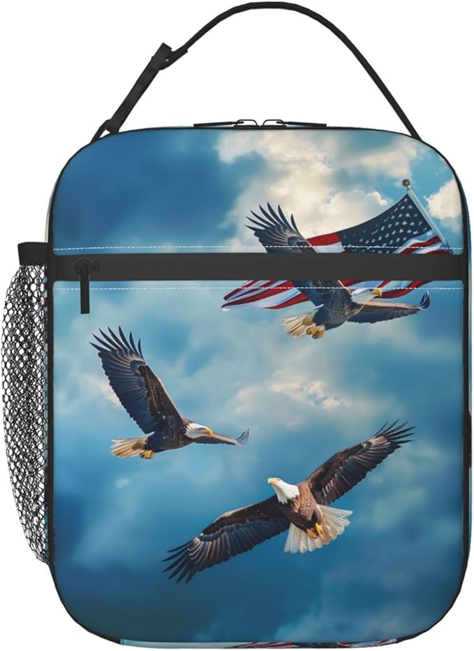 Bald Eagle Print Insulated Lunch Box Gifts for Kids Adults American Flag and Blue Sky Design Reusable Portable Lunchbox Cooler Lunchbag for Work Picnic School Travel or Hiking
