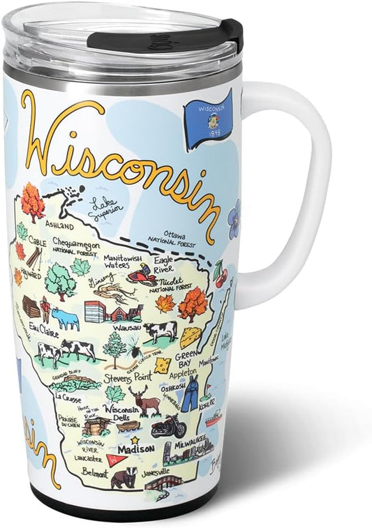 Swig Life 22oz Travel Mug, Insulated Tumbler with Handle and Lid, Travel Coffee Mug, Cup Holder Friendly, Stainless Steel 22 oz Tumbler, Reusable Insulated with Lid (Wisconsin)