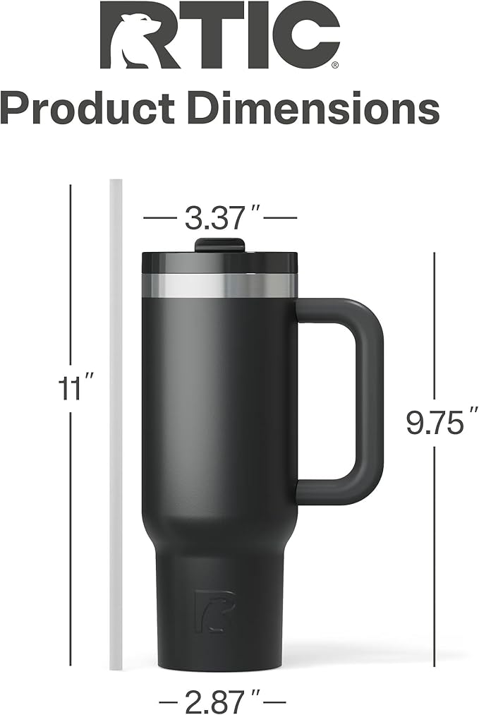 RTIC 30 oz Road Trip Tumbler Double-Walled Ceramic Lined InsulatedStainless Steel Portable Travel Coffee Mug Cup with Lid, Handle and Straw, Black