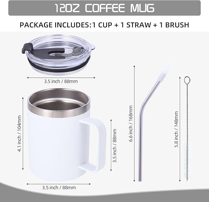 Volhoply 12oz Insulated Leakproof Coffee Mug with Flip & Straw Lid Bulk 2 Pack,Double Wall Vacuum Stainless Steel Travel Tumbler Cup with Handle,Reusable Camping Mugs Keep Cold/Hot(White,2 Set)