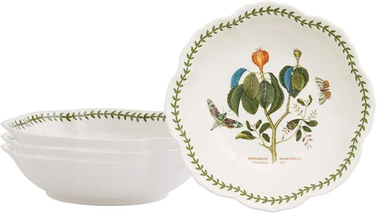 Portmeirion Botanic Garden Lotus Blossom Bowl, Set of 4 - Manchineel Tree Motif, 9-Inch Porcelain Bowls for Soup, Salad & Fruit, Microwave & Dishwasher Safe Botanical Tableware