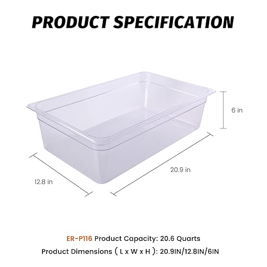 6-Pack Food Pan Full Size Clear Polycarbonate Food Pans 6" Deep Commercial Hotel Pans for Party, Restaurant, Hotel