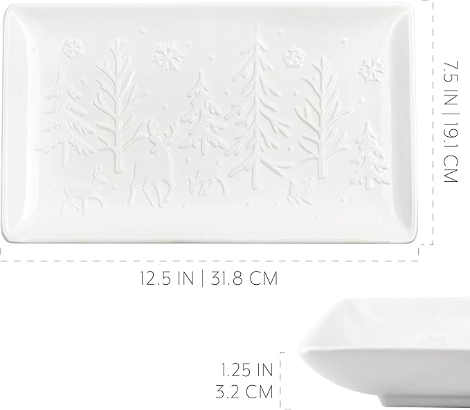 AuldHome Design Reindeer Christmas Tree Platter; Ceramic Embossed White Serving Tray