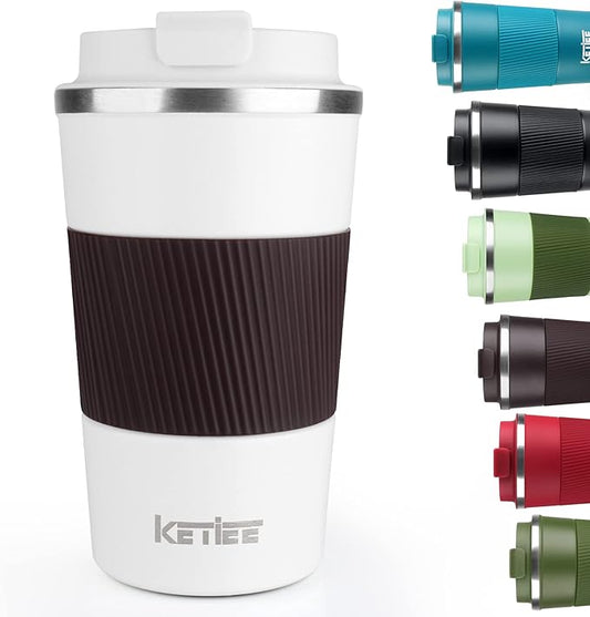 KETIEE Travel Coffee Mug 12oz: Reusable Insulated Coffee Cup with Leakproof Lid, Travel Tumbler, Vacuum Stainless Steel Coffee Mug to Go for Hot/Ice Coffee Tea (White)
