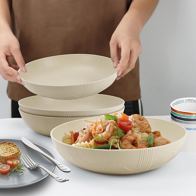10inches Large Pasta Bowls Set of 6-65oz Wheat Straw Bowls,Bowl Plates,Large Plastic Bowls Reusable for Pasta,Salad,Soup,Unbreakable & Lightweight Bowls for Kitchen,Dishwasher Safe,BPA-Free(Beige)