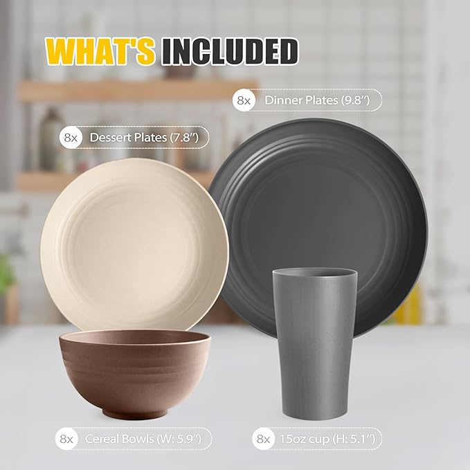 Teivio 32-Piece Kitchen Plastic Wheat Straw Dinnerware Set,Service for 8,Unbreakable Dinner Plates, Bowls,Cups,Farmhouse Outdoor Camping Dishes for Rustic Life/Country/Vintage Colorful,Aesthetic