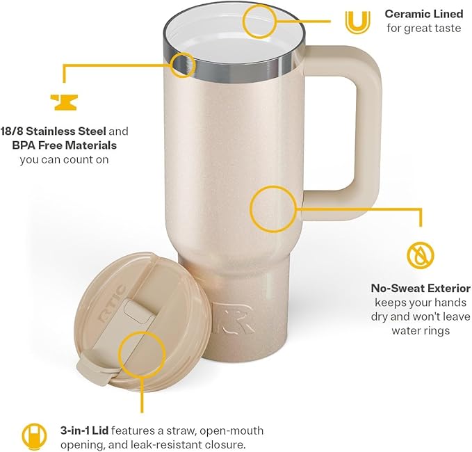 RTIC 30 oz Road Trip Tumbler Double-Walled Ceramic Lined InsulatedStainless Steel Portable Travel Coffee Mug Cup with Lid, Handle and Straw, Beach Glitter
