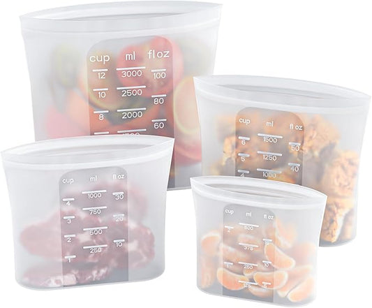 Bangp Premium Silicone Reusable Food Storage Bags,4 Pack(100oz, 50oz, 30oz,15oz),New Generation Stand Up Zip Freezer Bags,Sandwich Snack Bags,Multi-Use Food Storage Containers,Leak-free,Microwave Safe