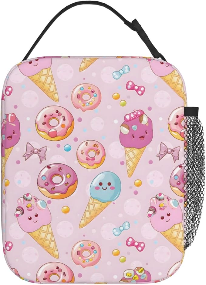Reusable Cute Ice Cream Lunch Box for Kids Girls Boys Women Adult, Insulated Food Donut Pink Lunch Bag,Polyester Cooler Handbags Case for School Picnic Work Travel Beach or Hiking