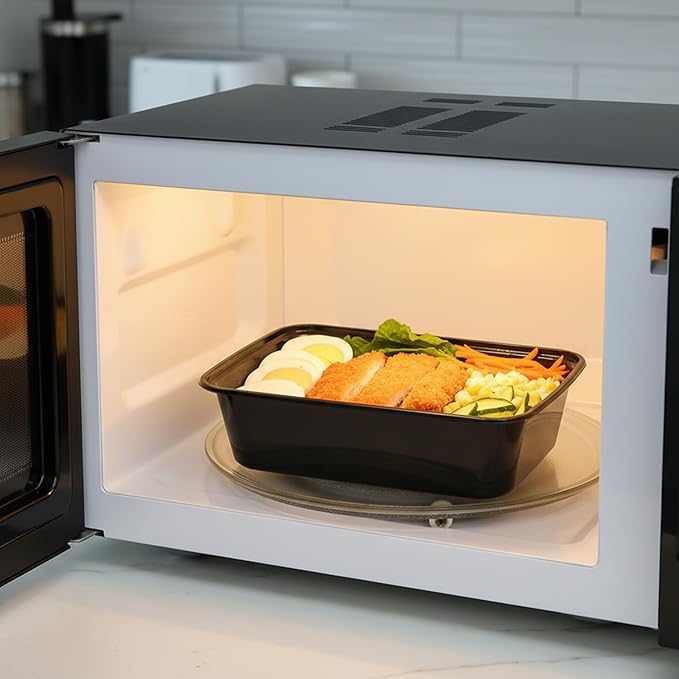 Sawysine 100 Pcs Plastic Meal Prep Containers Food Storage Containers Reusable Lunch Bowls with Lid Stackable Disposable Lunch Boxes 1 Compartment Bento Box (Black and White,25oz)