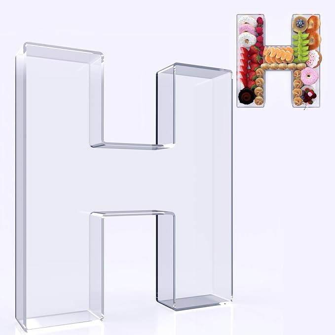 11" Acrylic Letter Charcuterie Box, Reusable Fillable Alphabet Number Shaped Form Tray for Birthday Anniversaries, Party Decorative Serving Plates Display Candy Cake (H)