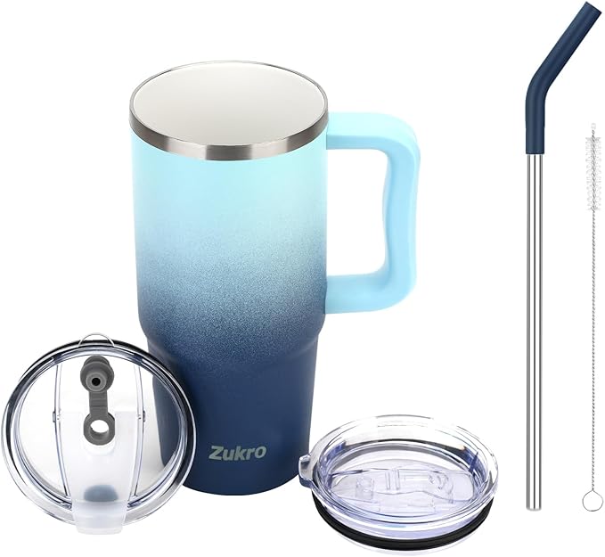 Zukro 24 oz Ceramic Lined Insulated Tumbler with Handle and Straw, No Metal Taste or Smell, Travel Coffee Mug with Spillproof Lids, No Sweat Stainless Steel Cup, Dishwasher Safe, Bluewave