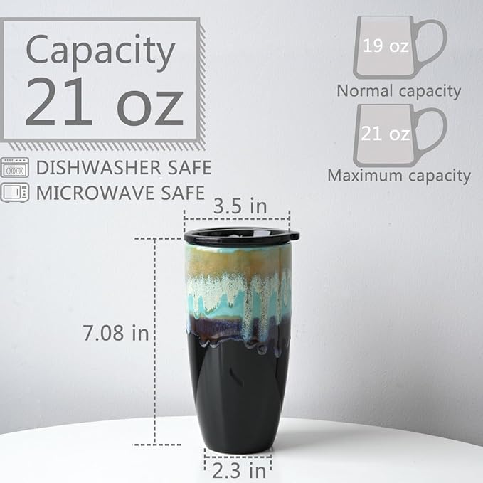 Bosmarlin Ceramic Travel Coffee Mug with Lid, 21 oz, Portable Coffee Cup for Car Cup Holder, Microwave and Dishwasher Safe, Reactive Glaze