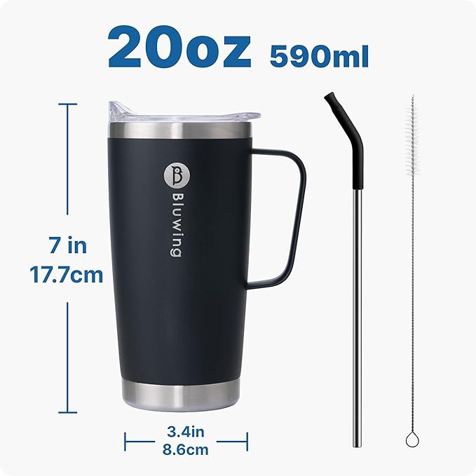 20 oz Insulated Tumbler with Handle Stainless Steel Travel Coffee Mug with Lid and Straw, Double Wall Tumbler Cups for Women and Men, BPA Free (Black)