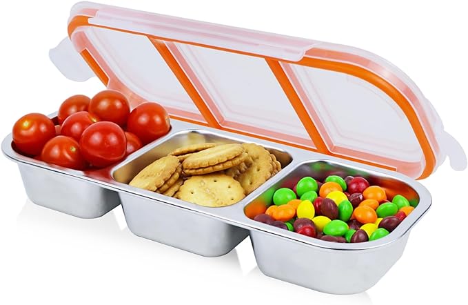 Stainless Steel Snack Box Containers, Reusable 3 Compartment Condiment Box with Lids, Food Container Sauce Cups, Divided Food Storage Containers for Home and Travel (Clear Lid)