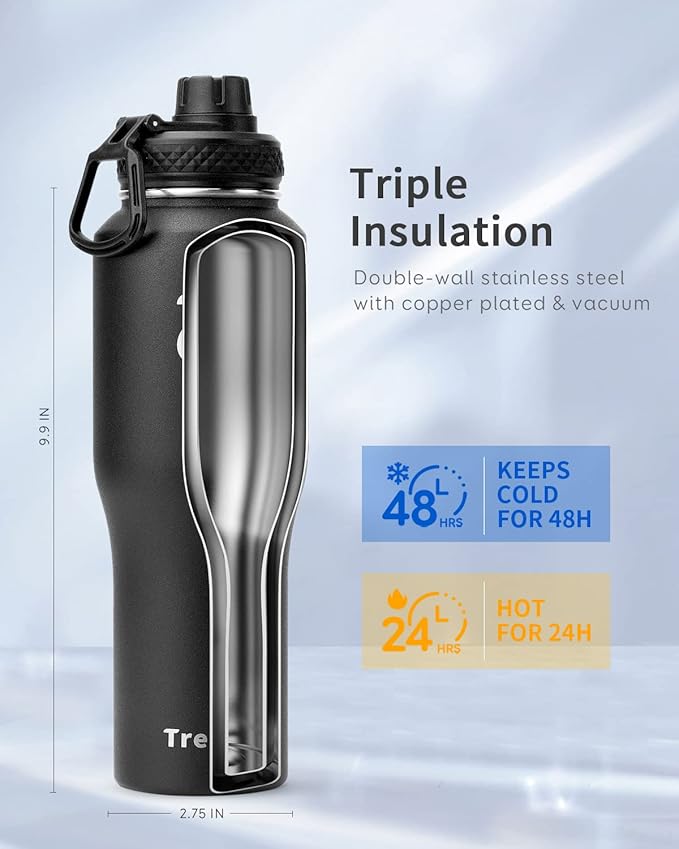 Trebo 32 oz Water Bottle Insulated Fit in Any Car Cup Holder,Triple Wall Vacuum Stainless Steel Water Bottles (Keep Cold for 48 Hrs),Leakproof Tumbler Flask with Paracord Handle,Straw Spout Lids