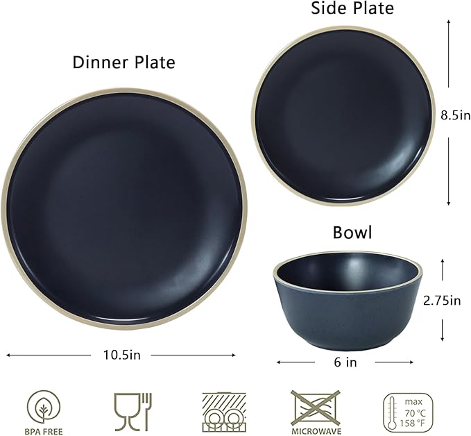 Melamine Dinnerware Sets for 4,12 Pcs Plate and Bowl Set,Unbreakable dish set,BPA Free,Suitable Indoors And Outdoors (Matte Black)