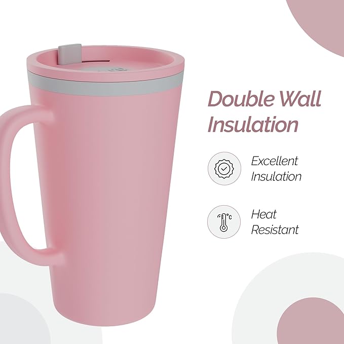 Copco Cone 16oz Insulated Travel Mug with Handle, Double Wall, Slide-Closure Lid, BPA-Free, Microwave & Dishwasher Safe, Reusable Plastic Travel Coffee Tumbler - Portable Coffee Cup (Pink)