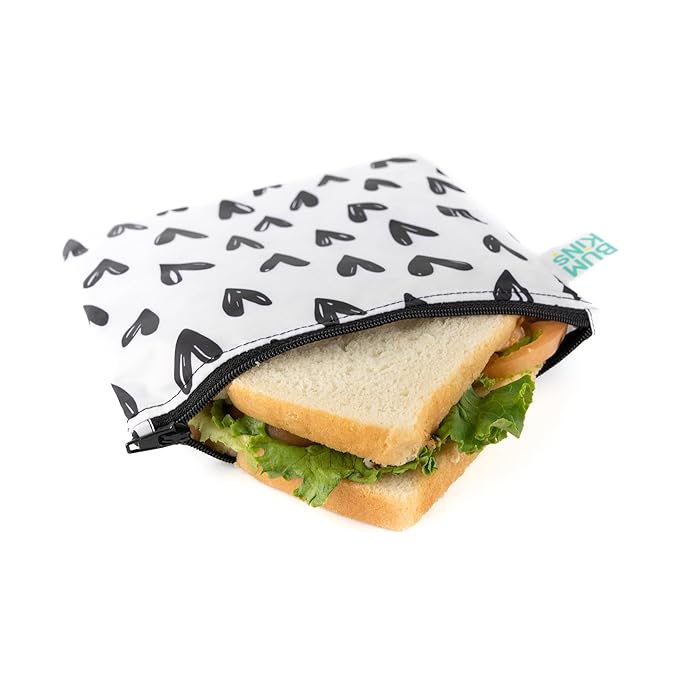 Bumkins Reusable Sandwich and Snack Bags, for Kids School Lunch and for Adults Portion, Washable Fabric, Waterproof Cloth Zip Bag, Travel Pouch, Food-Safe Storage, Large 2-pk Hearts and XOXO