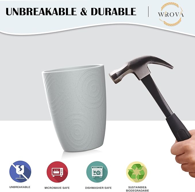 Wheat Straw Cups 8 PCS Good Alternative to Plastic Reusable Cups 12 oz Unbreakable Drinking Cup Reusable Dishwasher Safe Water Plastic Glasses Light Grey