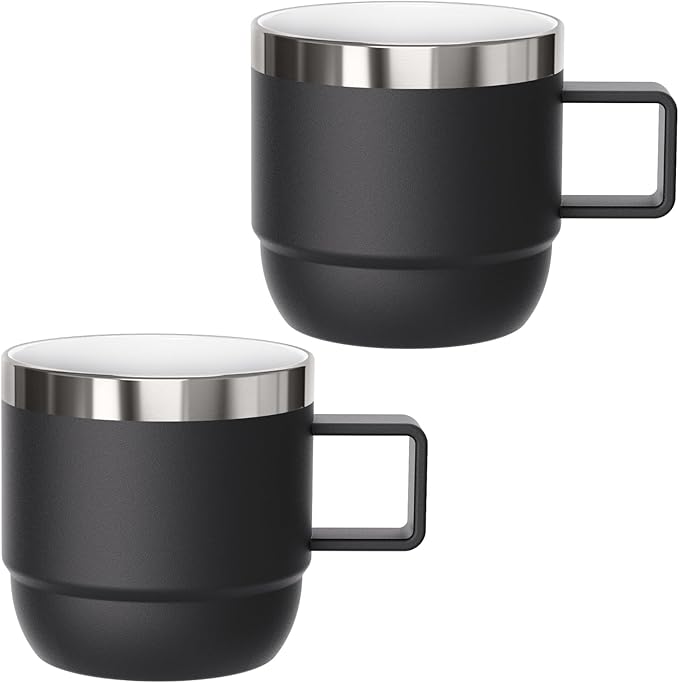 6 oz Espresso/Coffee Mug with Handle, Ceramic-Lined 18/8 Stainless Steel, Double-Wall Vacuum Insulated, Stackable, Dishwasher Safe, Fits Most Espresso Machines (Black, 2 Pack)