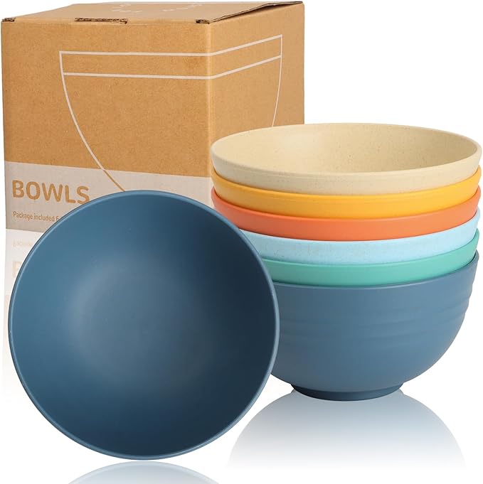 Wrova Wheat Straw Camping Bowls Sets of 6,Unbreakable 26oz Lightweight Bowls Sets for Outdoors Activity,Breakfast Bowls for Cereal and Salad.Vibrant Series