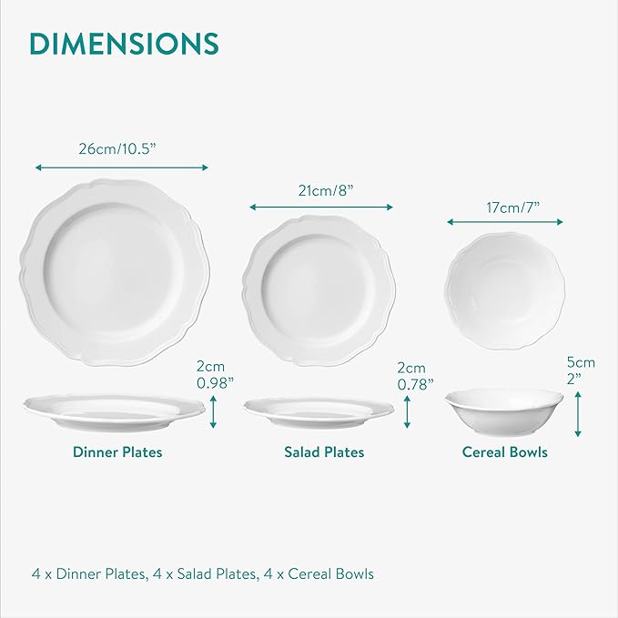 Navaris Scandi Style Porcelain Dinnerware Set - Ceramic Crockery Sets for 4 - Stackable Dishes with Dinner and Salad Plates Cereal Bowls - Dishwasher & Microwave Safe - 12pcs White