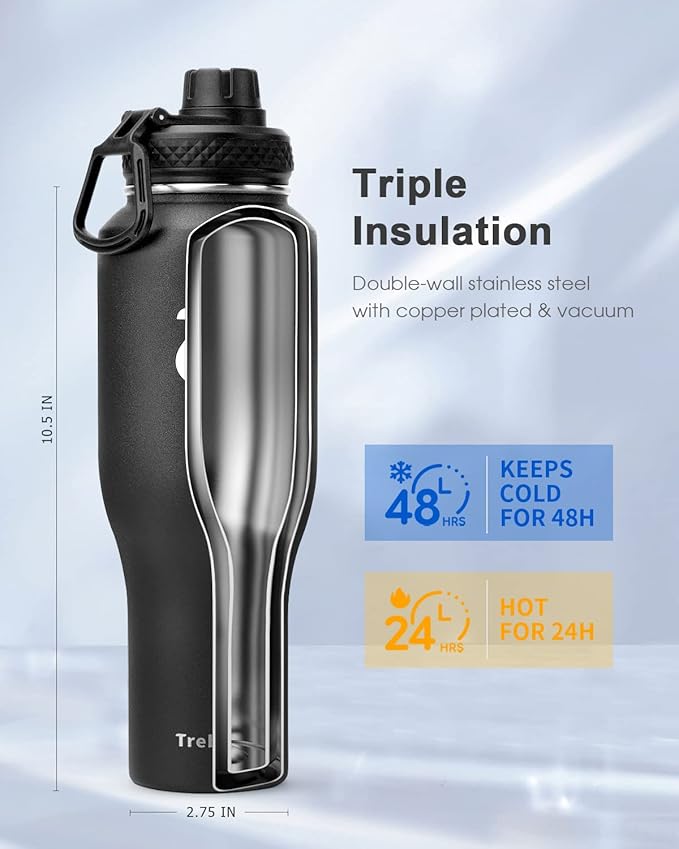 Trebo 40 oz Insulated Water Bottle that Fits in Car Cup Holder,Triple Wall Stainless Steel Water Bottles Insulated,LeakProof,Keep 48 hrs Cold & 24 hrs Hot,Metal Tumbler with Paracord Handle,Straw