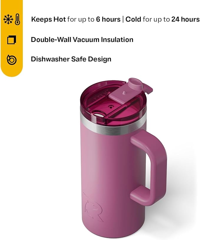 RTIC 16oz Road Trip Travel Mug with Lid and Handle, Ceramic Lined, Insulated, Stainless Steel, Metal, Double Wall Vacuum-Insulation, Portable Coffee, Tea Cup for Hot and Cold Drink, Orchid