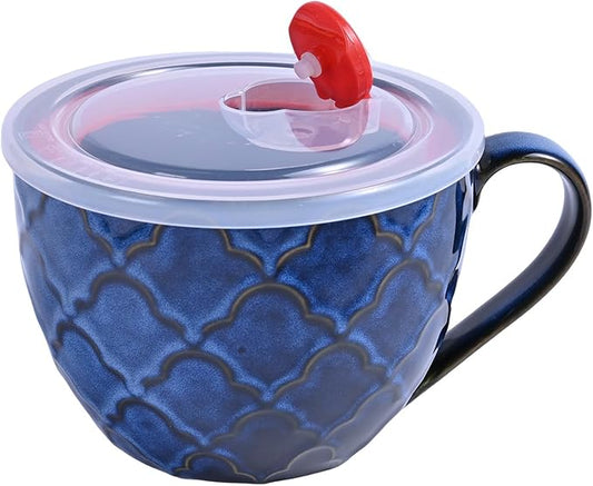 Ceramic Soup Mug, 24oz Soup Bowl with Handle & Lid, Microwave Bowl for Cereal Oatmeal Ramen Instant Noodle Salad (Dark Blue)