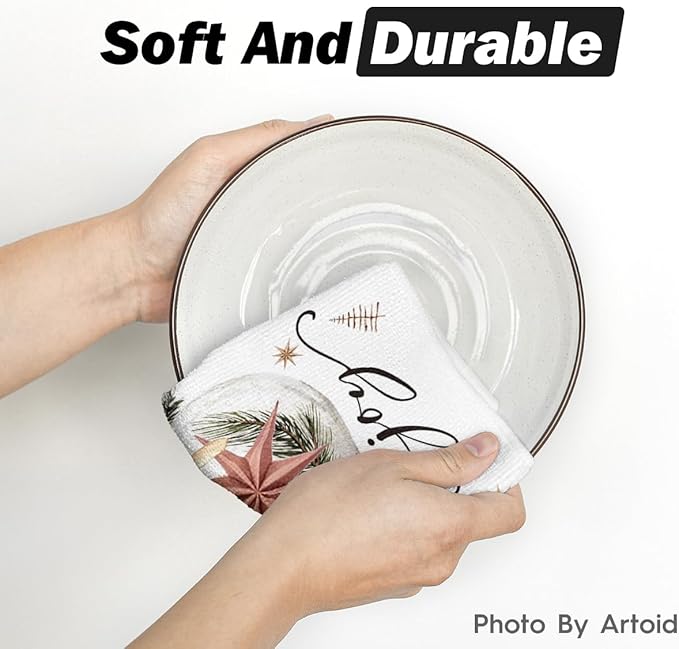 Artoid Mode Beige Xmas Tree Merry Christmas Kitchen Towels Dish Towels, 18x26 Inch Holiday Gloves Ball Hello Winter Decoration Hand Towels Set of 4