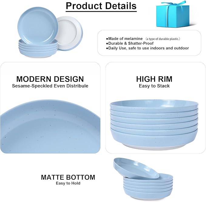 Webbylee 8.25" Melamine Pasta Bowls Set of 6-28oz Melamine Large Salad Bows，Serving Bowls for Cereal, Fruit, Soup，Deep Enough for Kitchen and Dining Blue/Beige