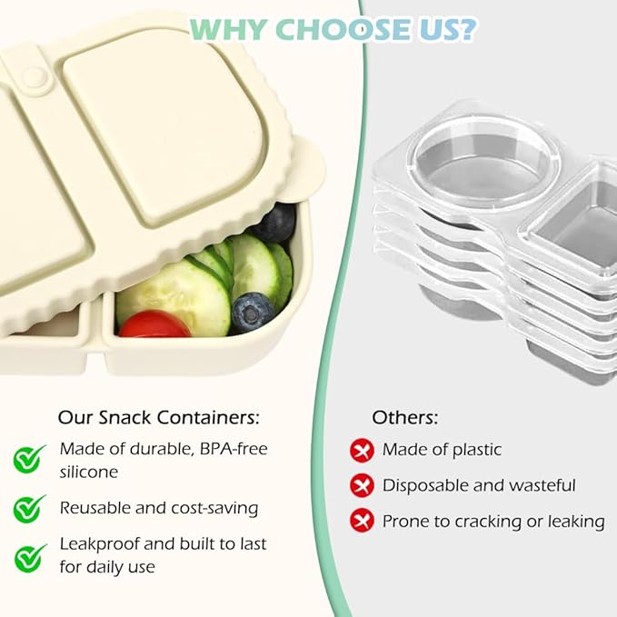 YQL 3 Pack Premium Silicone Reusable Snack Containers with Lids, Double Compartment Snack Box for Kids, Portable Food Containers for Sauce and Salad, Leakproof Snackle Packs for School, Picnic, Office