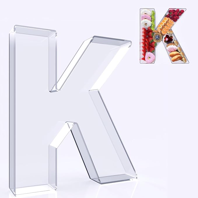 11" Acrylic Letter Charcuterie Box, Reusable Fillable Alphabet Number Shaped Form Tray for Birthday Anniversaries, Party Decorative Serving Plates Display Candy Cake (K)