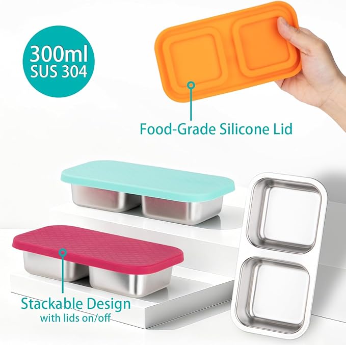 3 Pack Stainless Steel Snack Containers, 2 Compartment Snack Containers with Lids, Reusable Food Storage Containers for Travel, Outdoor, Camping(Orange/Red/Blue)