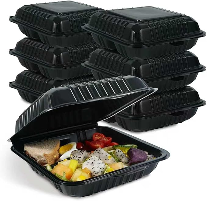 50-Pack 8x8 Inch Clamshell Take Out Food Containers|Lunch Containers with Compartments |Microwavable, Freezer Safe, Soak-Resistant, Durable, Stackable for Pasta Salad Sandwich(Black)