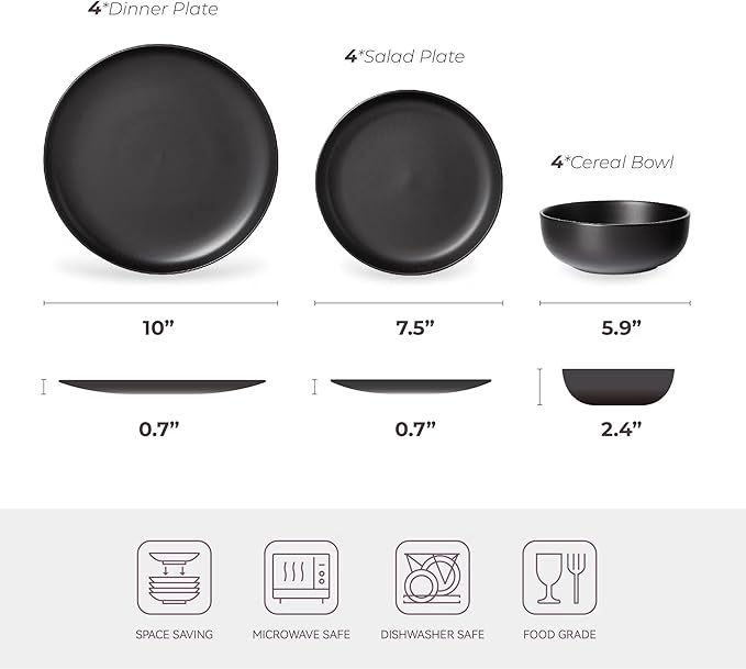 12-Piece Matte Black Dinnerware Set,Stoneware Dinnerware for 4, Microwave & Dishwasher Safe, Stackable Design for Kitchen and Dining - Plates and Bowls