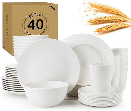 40 PCS Premium Wheat Straw Dinnerware Sets for 8, Unbreakable and Lightweight Dinner Plates,Microwave Safe Plates and Bowls Sets for Kitchen,Picnic and Party,Cereal & Salad Bowls,Water Glasses(Beige)