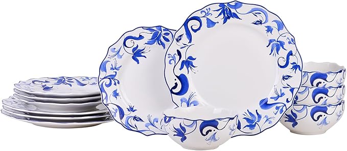 222 Fifth 12-Piece Porcelain Dinnerware Set for 4, Blue & White Plates and Bowls Set, Glossy Ceramic Dish Set with Beautiful Floral Rims, Elegant Kitchen Dishes, Microwave & Dishwasher Safe, Ayla