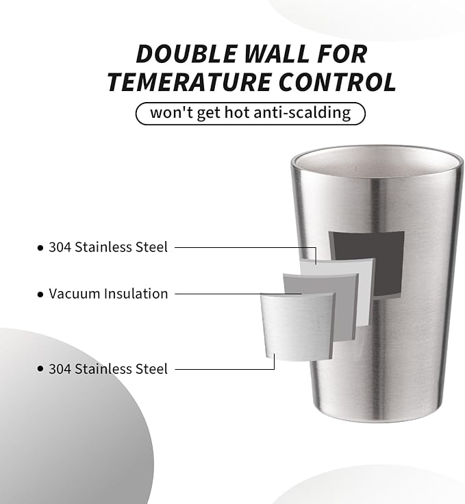 6 Pack 12 oz Stainless Steel Insulated Cup, Double Wall Vacuum Small Metal Cup, Reusable Camping Cups Unbreakable Indoor Outdoor for Party, Home, Office, BBQ, Silver