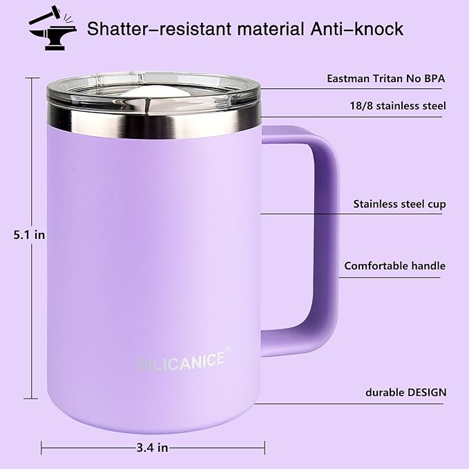 14 oz Purple Stainless Steel Coffee Mug, Reusable Travel Tumbler with Lid & Handle – Dishwasher-Safe Thermos Cup for Women, Ideal for Office/Travel Use with Hot/Cold Drinks