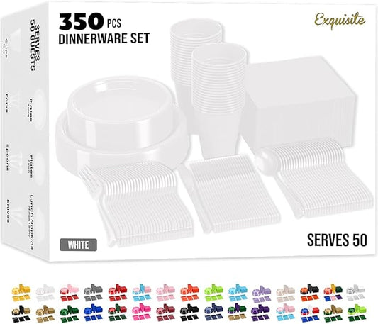 Party Solids 350 Pieces White Plastic Plates For Party, White Disposable Plates Set, 50 Of Each 9" Dinner Plate Set, 7" Dessert Plate, Cups, Napkins & Cutlery Plastic Dinnerware