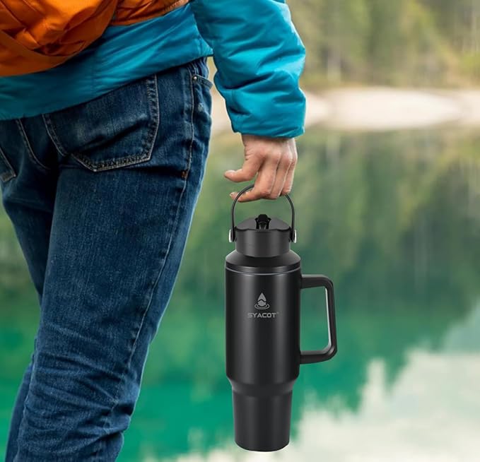 40 oz Tumbler with Handle and Straw or Convert to 40 oz Insulated Water Bottle Fits in Cup Holder. Stainless Steel Metal Water Flask with 2 Lids for Travel,Camping,Gym Sports Coffee Mug Thermal Cup