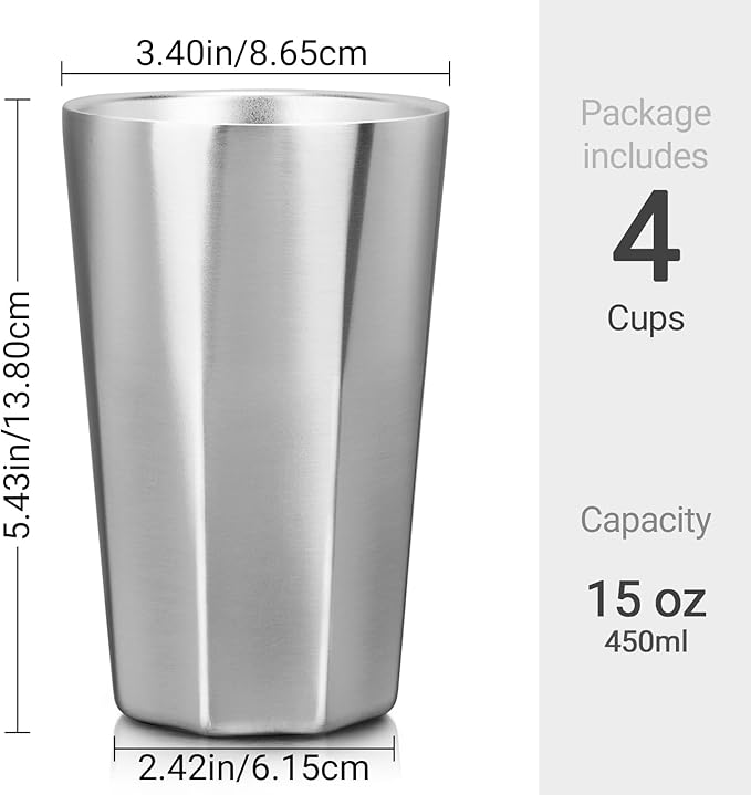 Beasea Stainless Steel Cups 15 oz, 4 Pack Large Stackable Double Wall Insulated Stainless Steel Tumbler Bulk for Drinking Metal Pint Glasses Tin Cups Home Restaurant Office Party Camping