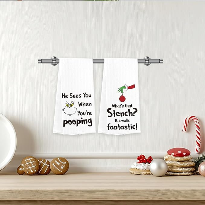 Christmas Kitchen Decor,Christmas Hand Kitchen Towels Set of 2,Xmas Decor He Sees You When You're Pooping Baking Cooking Cloth,Funny Holiday Winter Home Kitchen Decoration 14 x 23 Inches