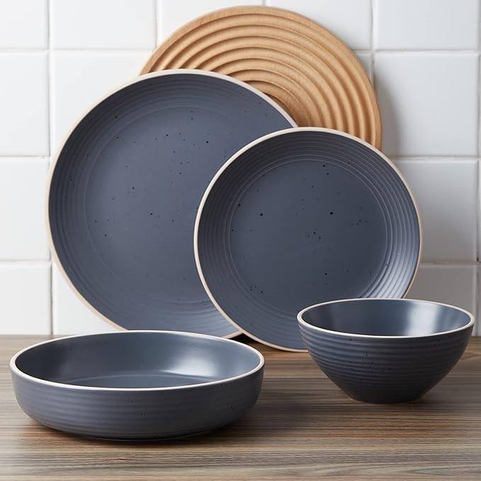 Stone Lain Lauren Modern Stoneware 16-piece Round Dinnerware Set, Plates and bowls Set, Dish set for 4, Charcoal