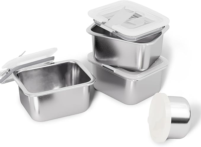 Stainless Steel Snack Box Containers for Kids, 3 Pack 12.8 oz Leak-Proof Microwave-safe Small Food Storage Container with Lid, Metal Compact Bento Lunch Box Container for School Travel