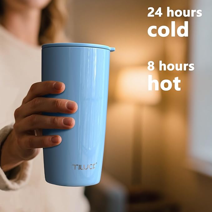 TILUCK 20 oz Tumbler with Leak-Proof Lid, Vacuum Insulated Stainless Steel Coffee Mug, Double-Walled Travel Tumbler for Hot and Cold Drinks(GlitterBlue, 20oz)